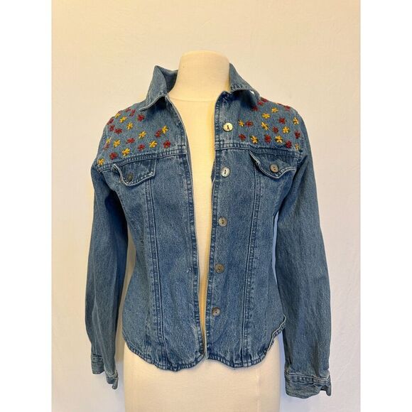 Vintage Denim Jacket with Embroidered Flowers Size Medium - Picture 4 of 10